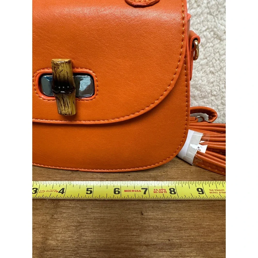 Top Handle Crossbody Purse‎ Bag Orange Faux Bamboo Handle Faux Leather Shoulder